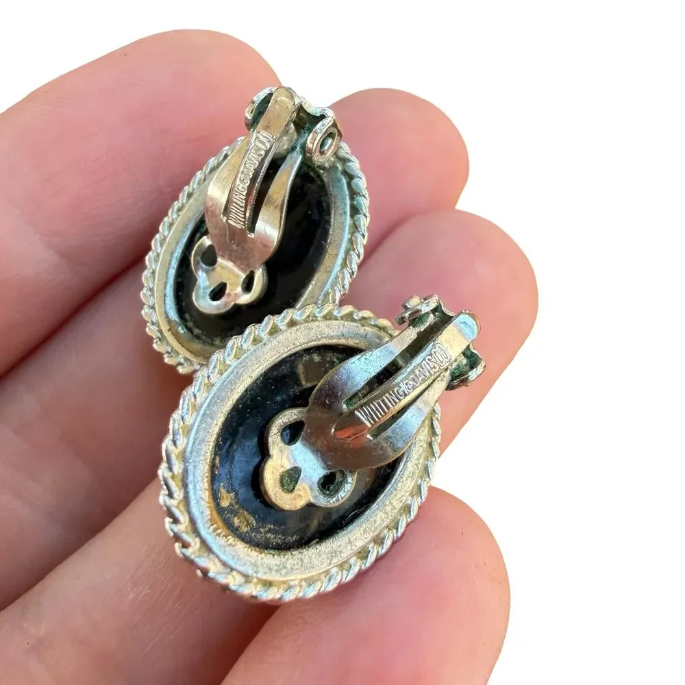 Vintage Whiting Davis Hematite Oval Cabochon Silver Tone Clip Earrings